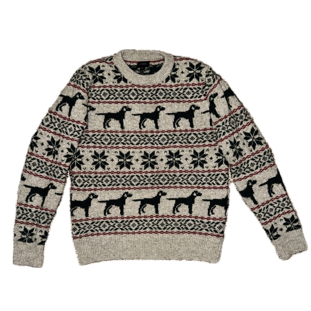 J.Crew 100% Wool Holiday Dog Sweater M Oatmeal Snowflake Country Cabin Apres Ski - Picture 1 of 8